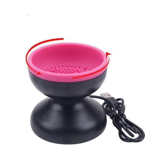 Electric makeup brush cleaner showing rotating cleaning action